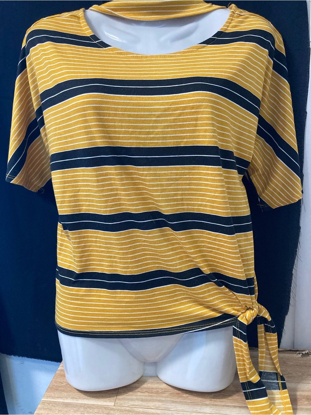 Suzy Shier Yellow Stripe Side Tie Top Size L